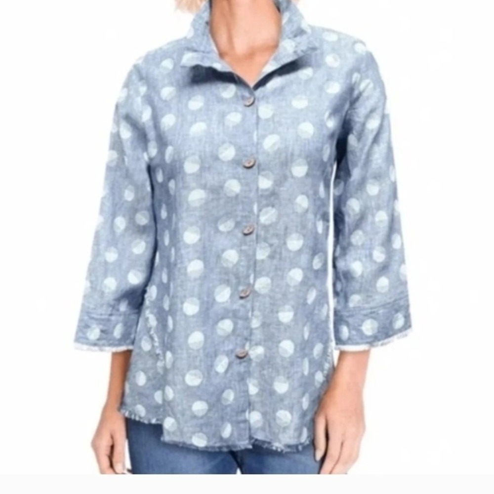 John Mark 100% Linen Polka Dot Women's size Medium Preppy Casual Button Up Top